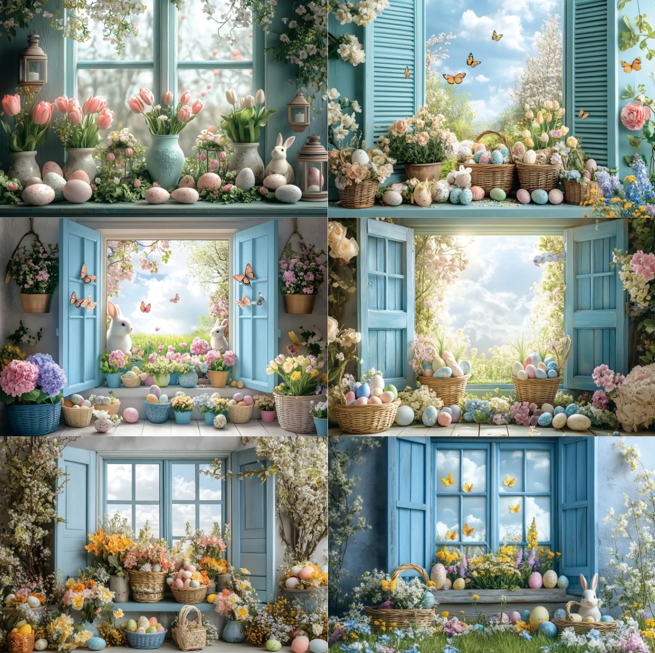 خلفية عيد الفصح للتصوير الفوتوغرافي حديقة الربيع بيض أرنب عيد الفصح زهرة السماء الغيوم نافذة خلفية استوديو الصور