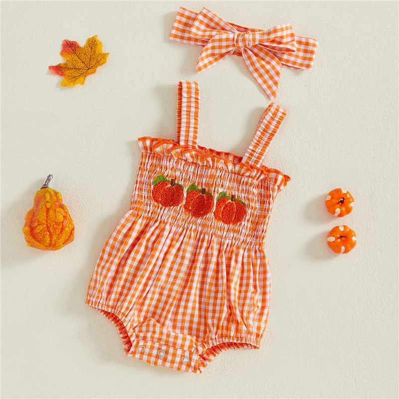 Newborn Baby Girl Halloween Outfit Plaid Pumpkin Embroidered Sleeveless Smocked Overall Romper Headband 2 Piece Set