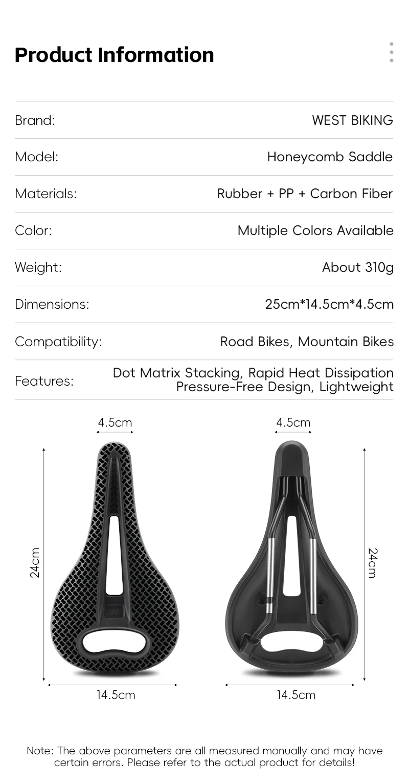 WEST BIKING 3D Honeycomb Fahrradsattel Atmungsaktiver Hohlsitz zur Druckentlastung Leichtgewichtiger Sitz für Rennräder und Mountainbikes Langstreckenfahrten – Detail 3