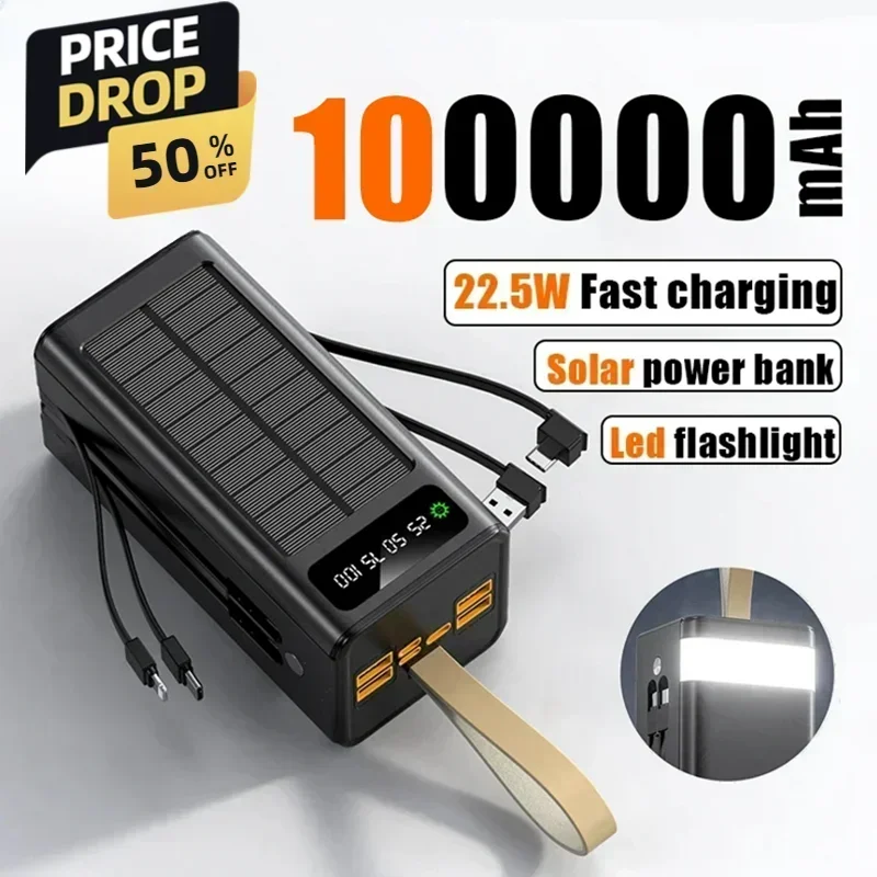 100000mAh 22.5W Fast Charging Thickened Solar Charging Bank High Capacity Builtin Cable External Battery LED Light Charging Bank