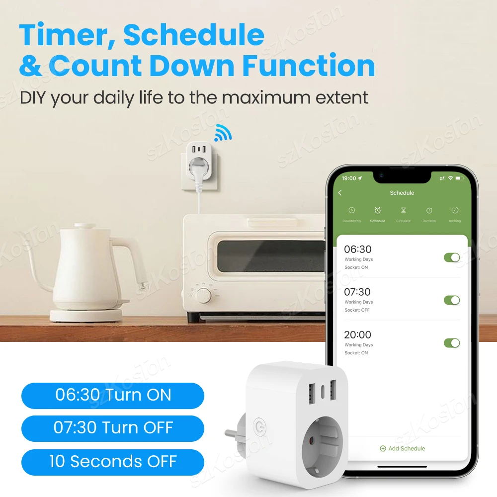 Tuya WiFi Smart Plug 16A EU Smart Socket with 2 USB 1 Type C Phone Charger Home Appliance Plug Adapter Works with Alexa Google