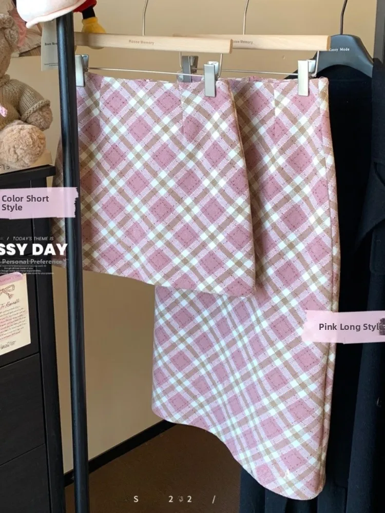 

Модная повседневная женская шерстяная юбка миди в розовую клетку с высокой талией, прямого кроя, облегающая, для весны и лета