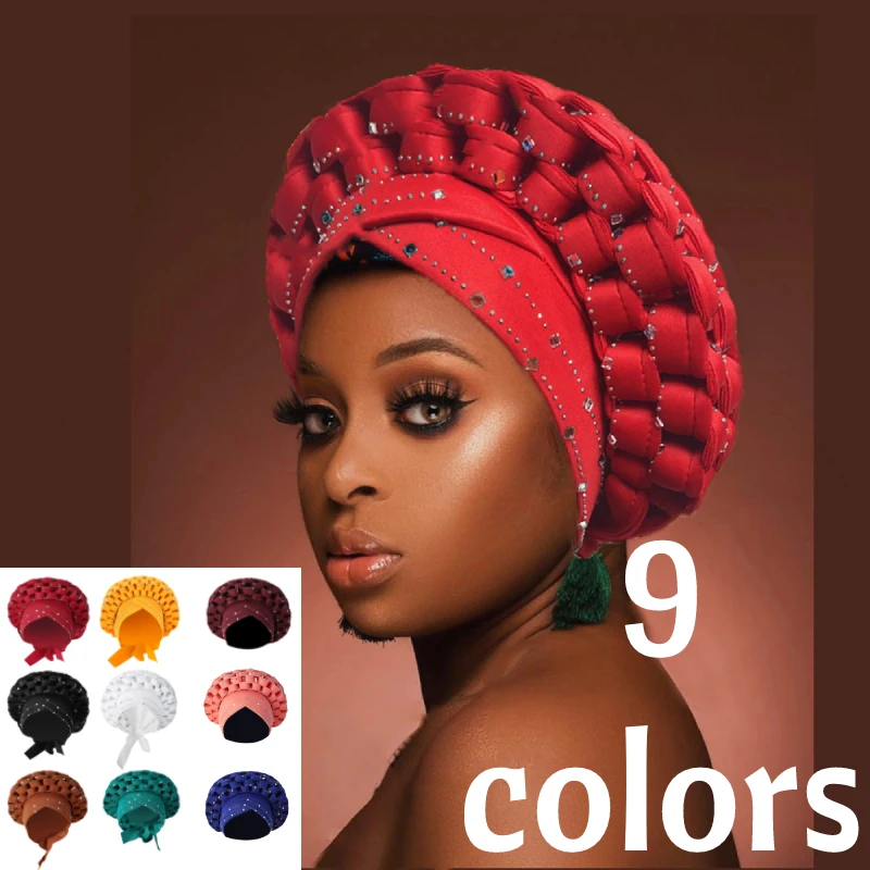 Exaggerated Braids Turban Cap African Sequin Head Wrap Diamonds Nigeria Auto Gele Headtie Wedding Party Headwear Muslim Hijab