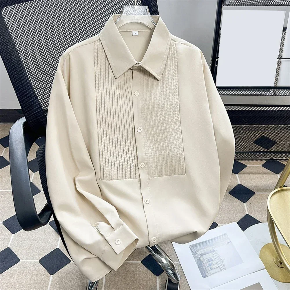 

Casual Outing 2XL Loose Shirt Long Sleeve Casual Shirt Long Sleeves Lapel Collar Pleated Style Slight Stretch Fabric