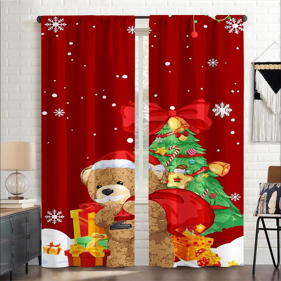 2PCS Christmas Winter Curtains, Teddy Bear Santa Christmas Tree, Digital Print, Bedroom Living Room, Home Decor Window Drapes