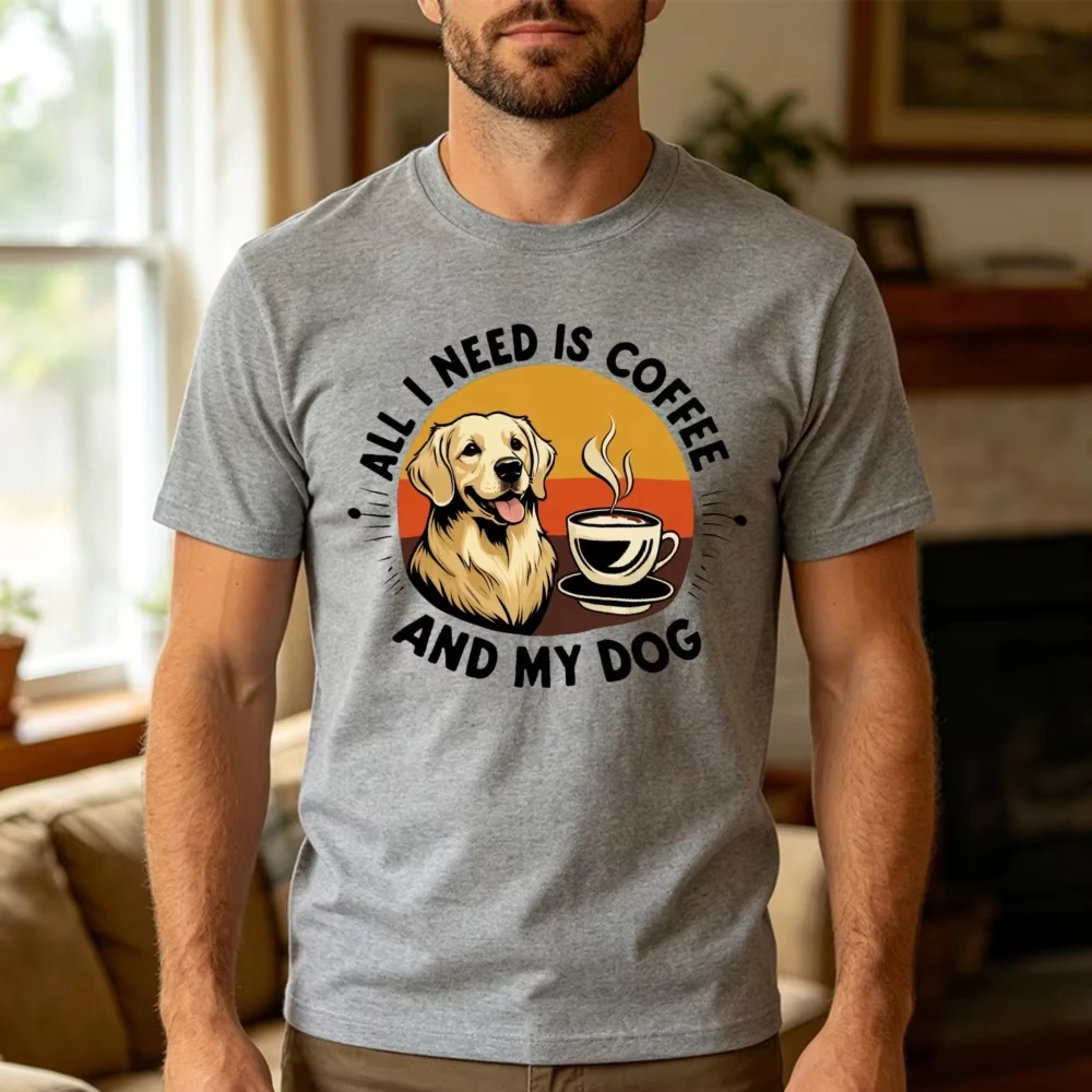 All Need Is Coffee My Golden Retriever Men T Shirt Summer Pet Companionship Slogan Circle Emblem Dog Portrait Top