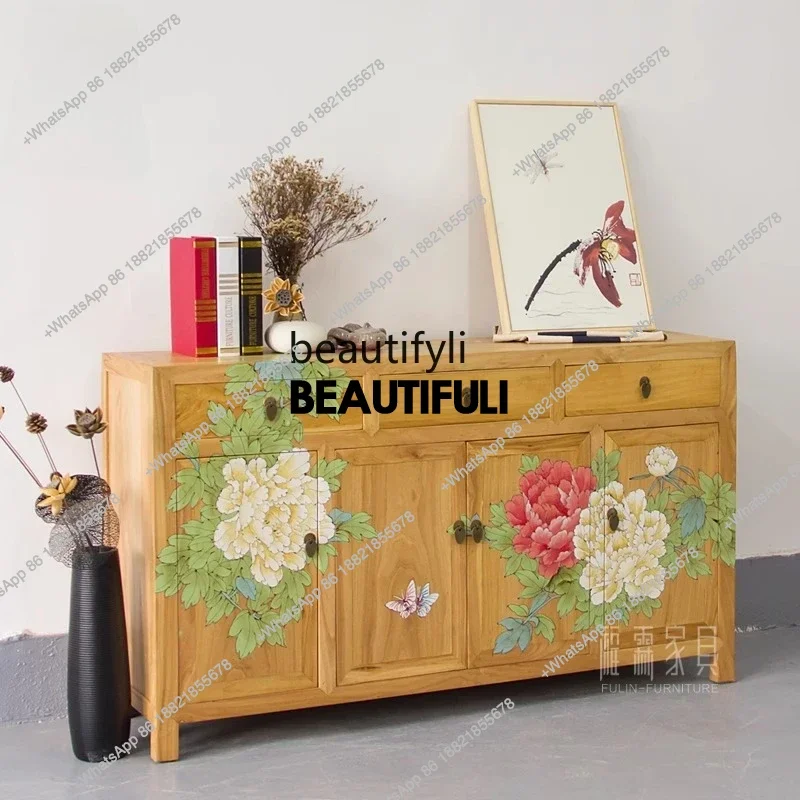 

ss8350 Old elm hand-painted shoe cabinet Chinese solid wood porch cabinet foyer storage side cabinet classical and simple