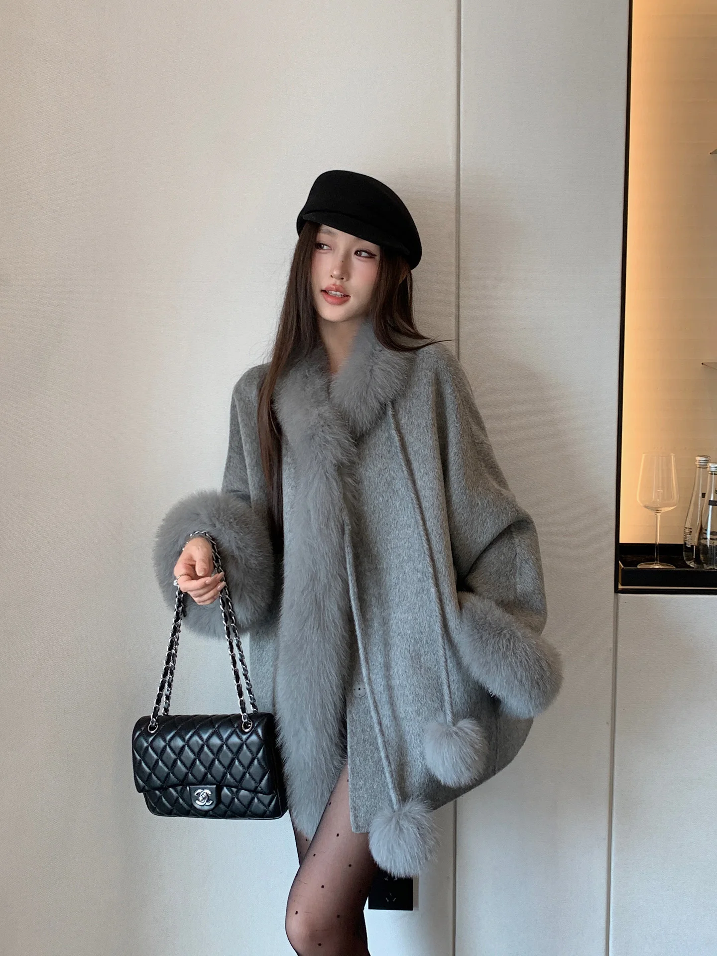 

Двусторонний шерстяной плащ Young, пальто с меховым воротником, корейский Sle, прямой крой, длинный свеч, средней длины, на одной пуговице, чистый цвет