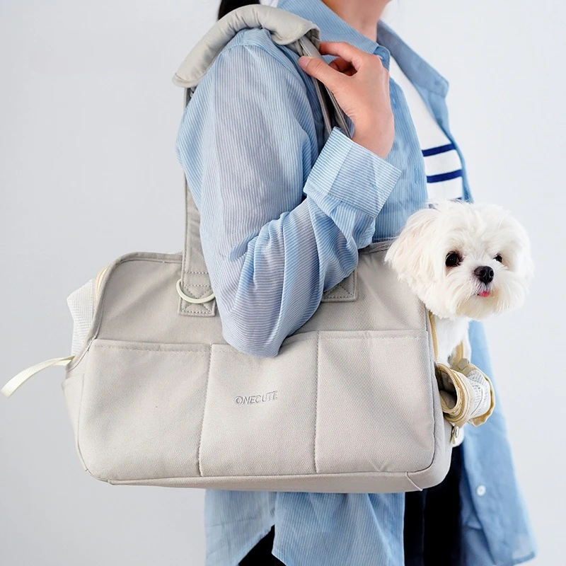 

Korean version pet outdoor bag,small dog portable one shoulder handbag made of cotton and linen,breathable mesh soft pet bag