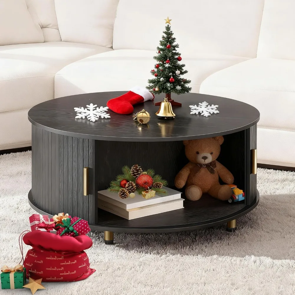 

Round Coffee Table, 31.5 Modern Coffee Table With 360° Sliding Tambour Door, Fluted Accent Coffee Table With Storage, Circle