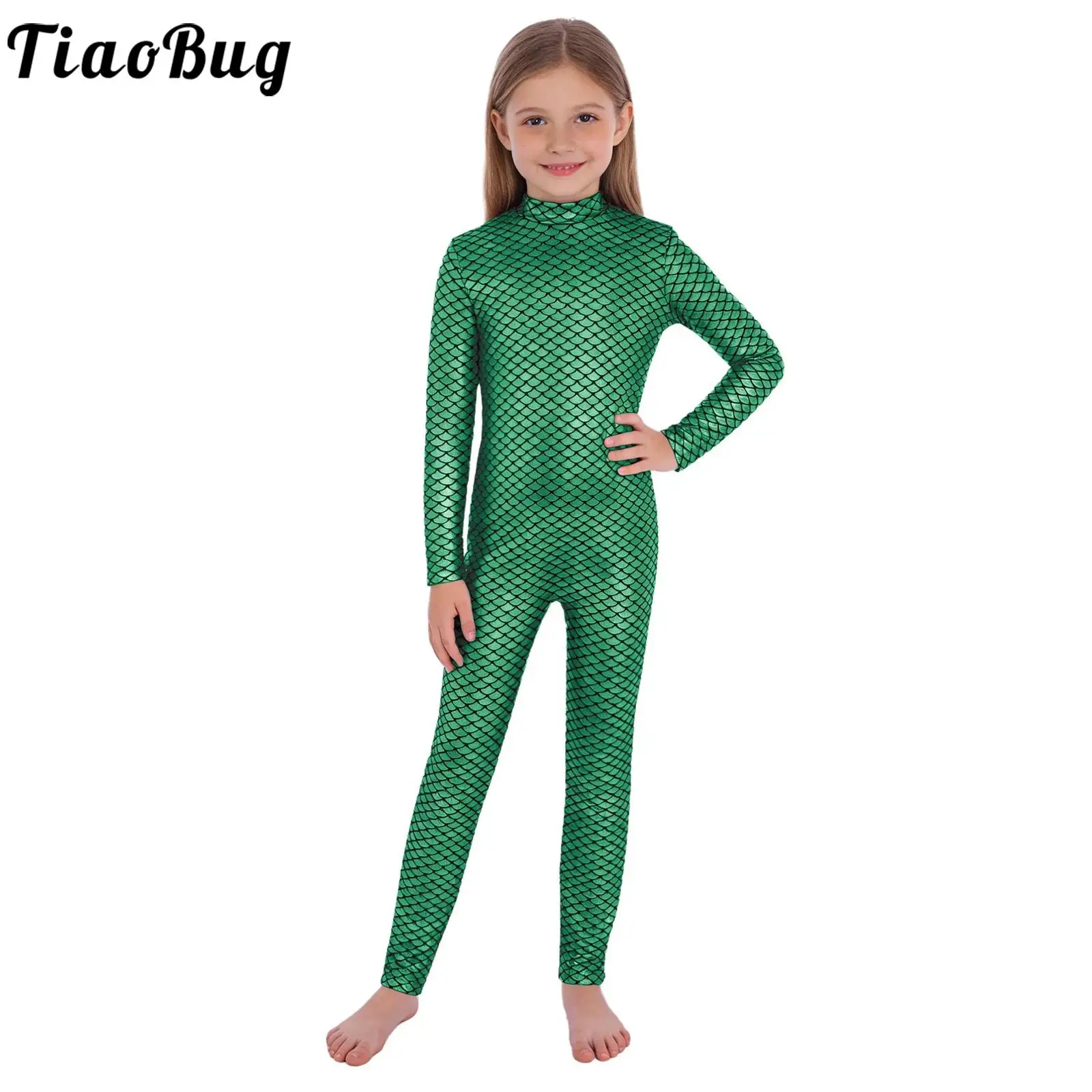 

Kids Girls Metallic Fish Scales Jumpsuit Ballet Leotards Long Sleeve Back Zip Bodysuit for Gymnastics Dance Skating Performance