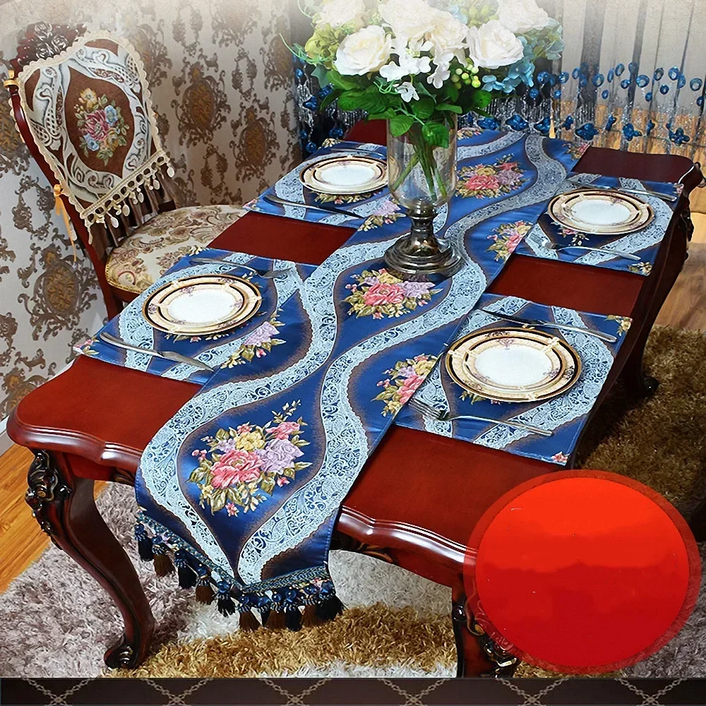 Navy Blue Luxury Jacquard Table Runner Upgraded Velvet Bottom Thickened Tablecloth High-end 3D Embroidery Table Flag Bed Flag