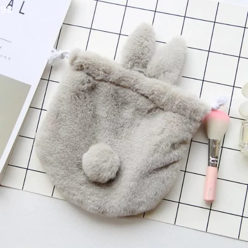 1Pcs Cute Bunny-Inspired Plush Drawstring Bag with Playful Tail-Like Tassel, Kawaii Makeup Accessory Storage