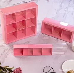 10pc Pink Macaron Packaging Box High-End French Biscuit Candy Carton Window Open Pet Transparent 3/4/9 Grain Baking Drawer Type