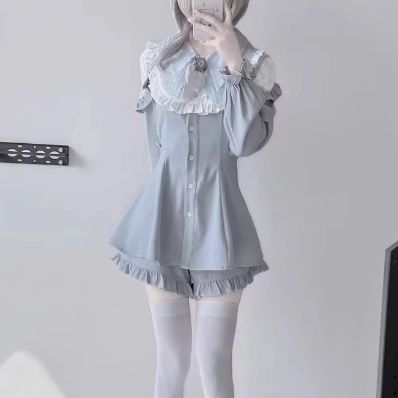 

Cute Japanese Sweet Mine Bow Ruffle Lace Splicing Waist Slimming Long Sleeve Pleated Dress and Leggings Shorts Two Piece Set