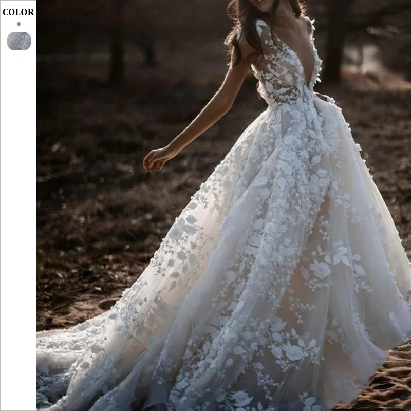 

Spring New Women'S Lace Dress Deep V Wedding Dress Grand Swing Dress