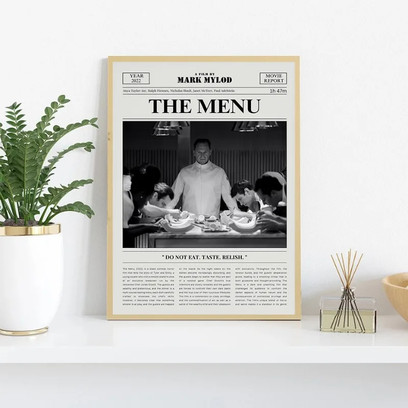 Retro Newspaper Film Print The Menu/Lady Bird/Fight Club Movie Poster Black and White Canvas Print Cult Classic Film Wall Art
