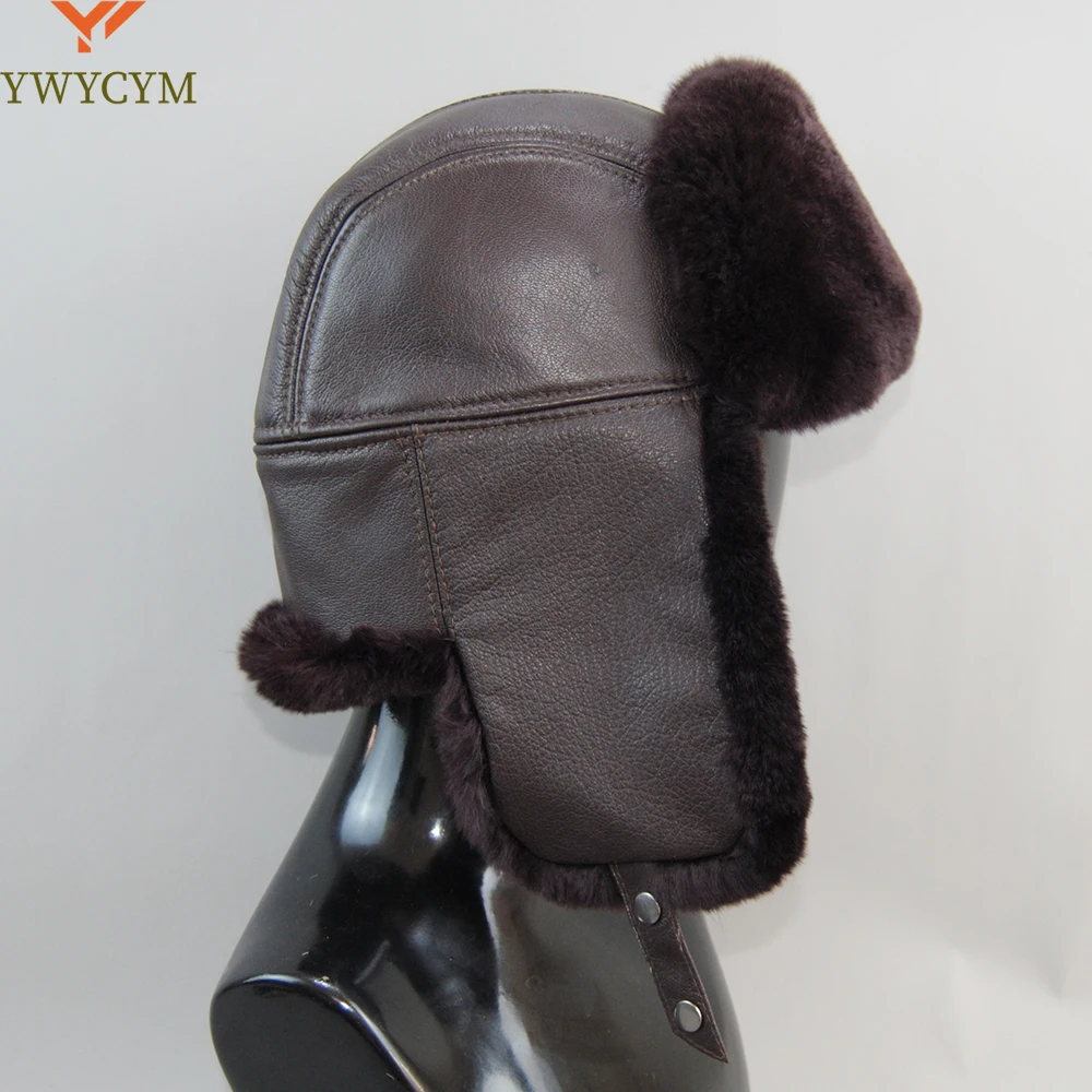 

Winter Russian Man Woman White Skin Natural Rex Rabbit Fur Hats Luxury Real Sheepskin Leather Cap Unisex Real Fur Bomber Hat