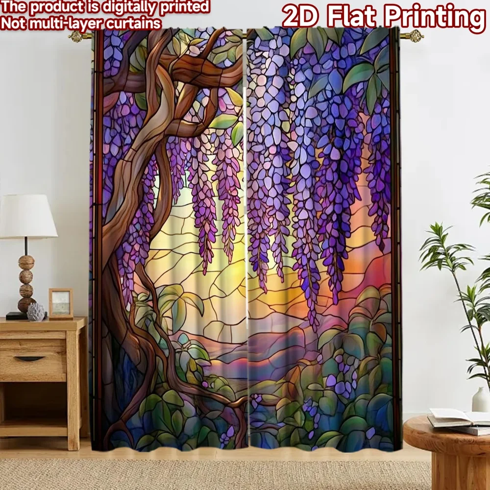 2D flat 2pcs Curtain Country Style Curtains Wisteria Sunset Vines Durable polyester fiber Party Decorations for Indoor