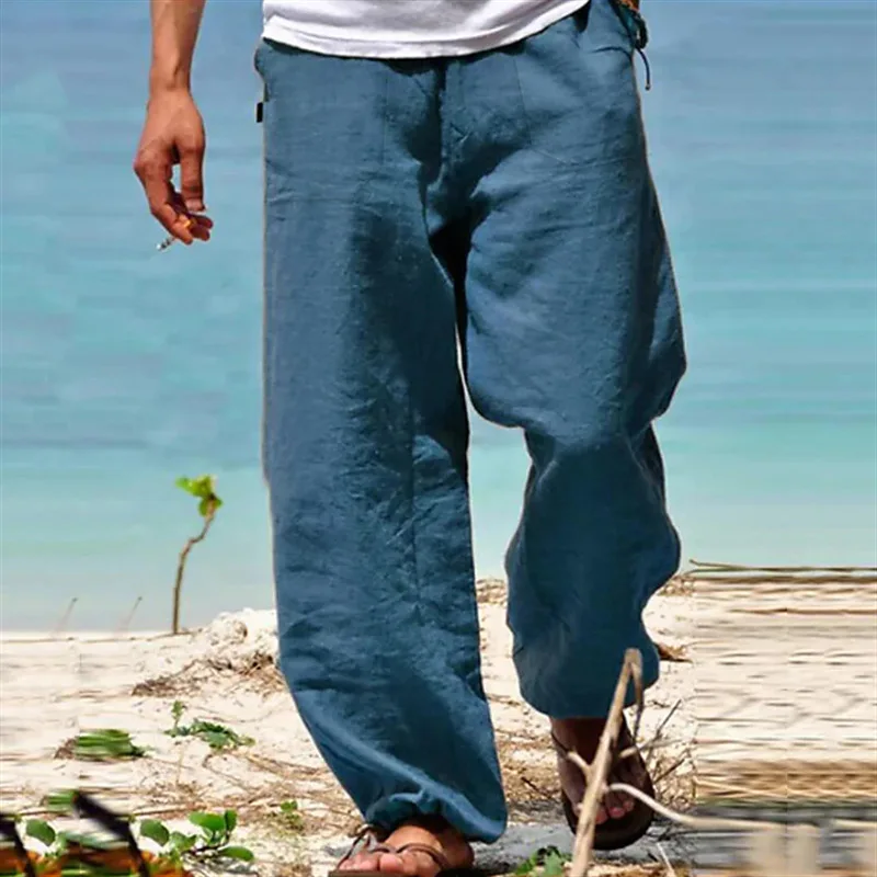 

Men's Beach Pants Drawstring Elastic Waist Straight Solid Color Comfortable Casual Daily Resort Trousers