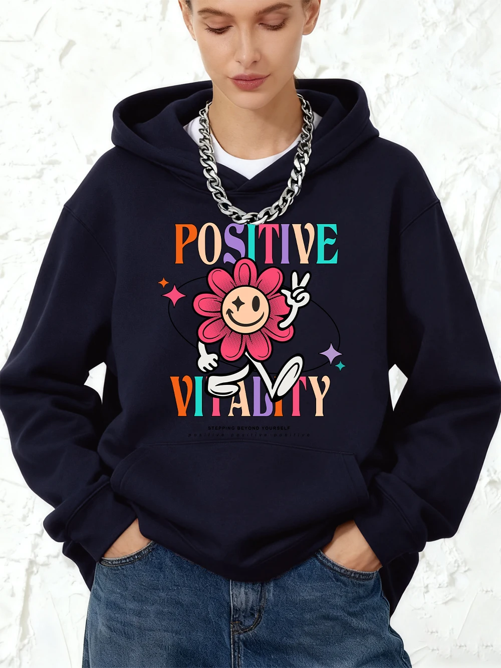 حيوية إيجابية الطباعة هوديس القطن المرأة الركض جيب البلوز رياضي فضفاض البلوز الشتاء الصوف الملابس النسائية