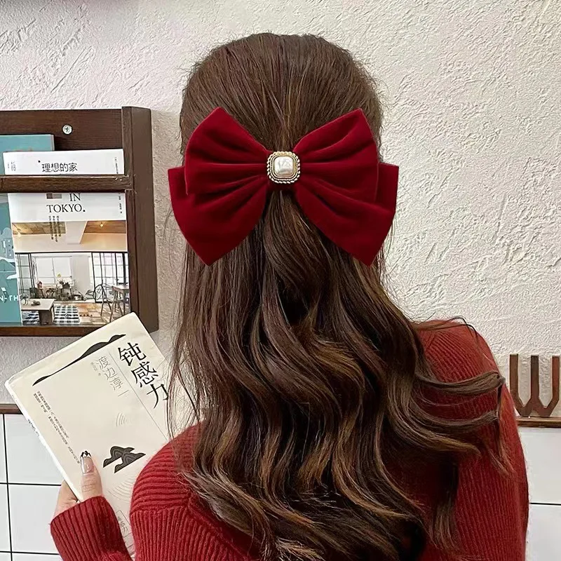 1pc New Year\'s Red Bow Hairclip Wedding Bridal Headwear Engagement Toast Dress Hair Accessories New Year Hair Clip