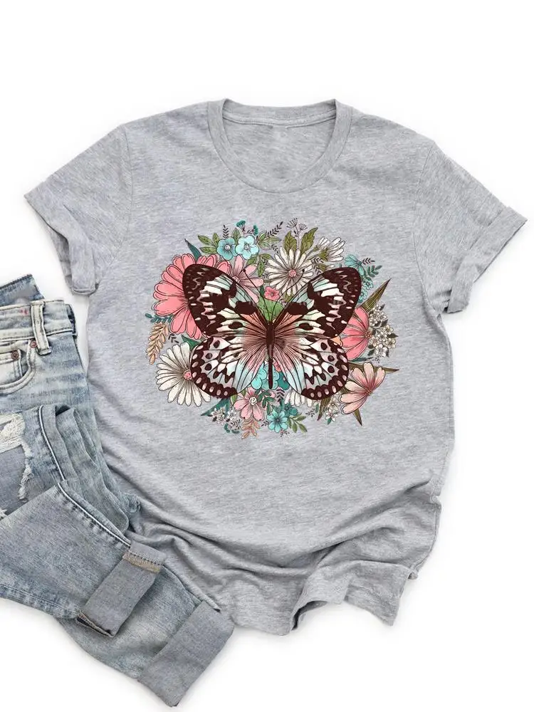 Zomer T-shirts met korte mouwen Kleding Mode T-top Cartoon Vlinder Bloemen Mooie Trend Shirt Vrouwelijke Print Dames Grafisch T-shirt