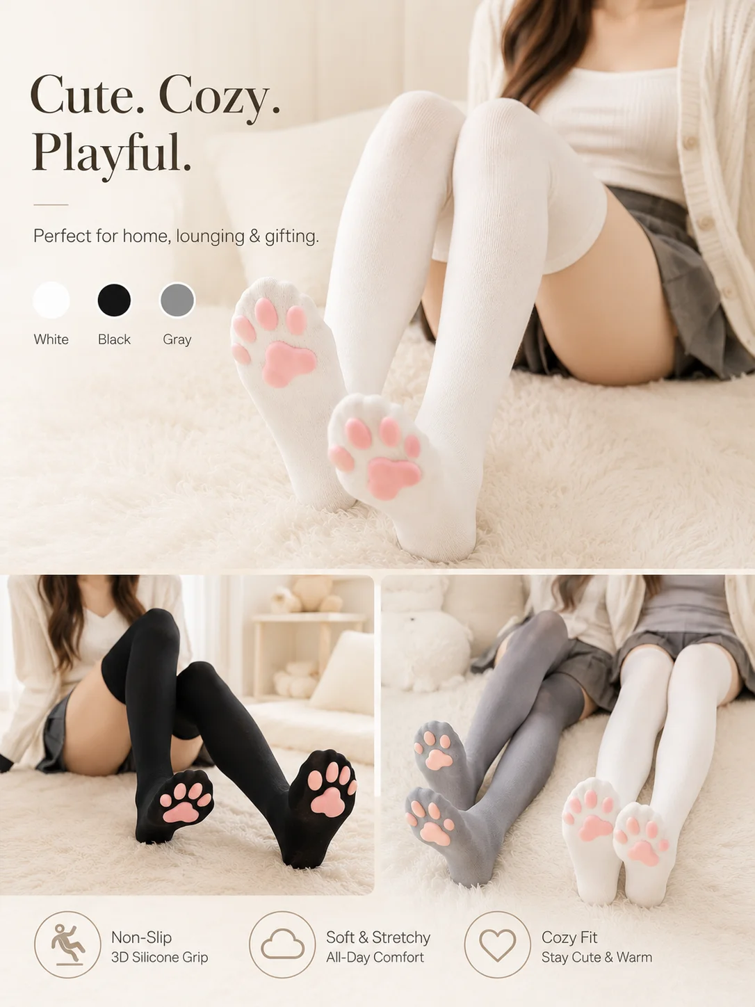 Cute Cat Paw Over The Knee Socks Women 3D Silicone Grip Non Slip Thigh High Socks Soft Stretch Knit Cozy Long Socks Gift