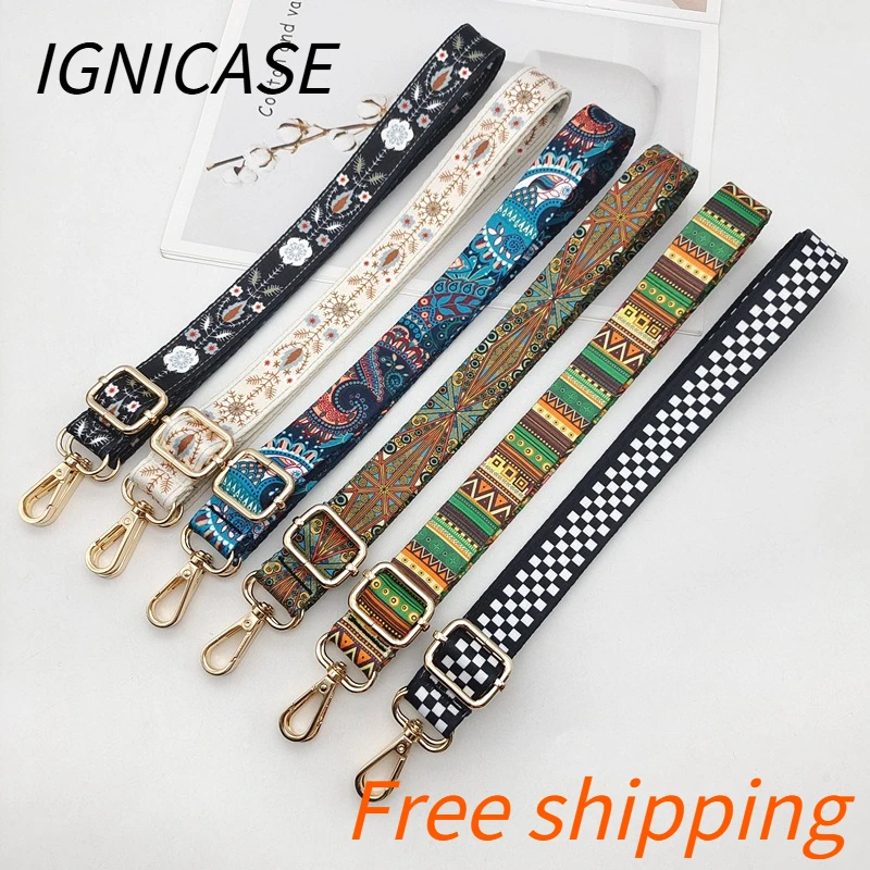IGNICASE Shoulder Strap Ethnic Style Embroidered Webbing Adjustable Crossbody Women's Bag Burden Reduction Strap Accessories