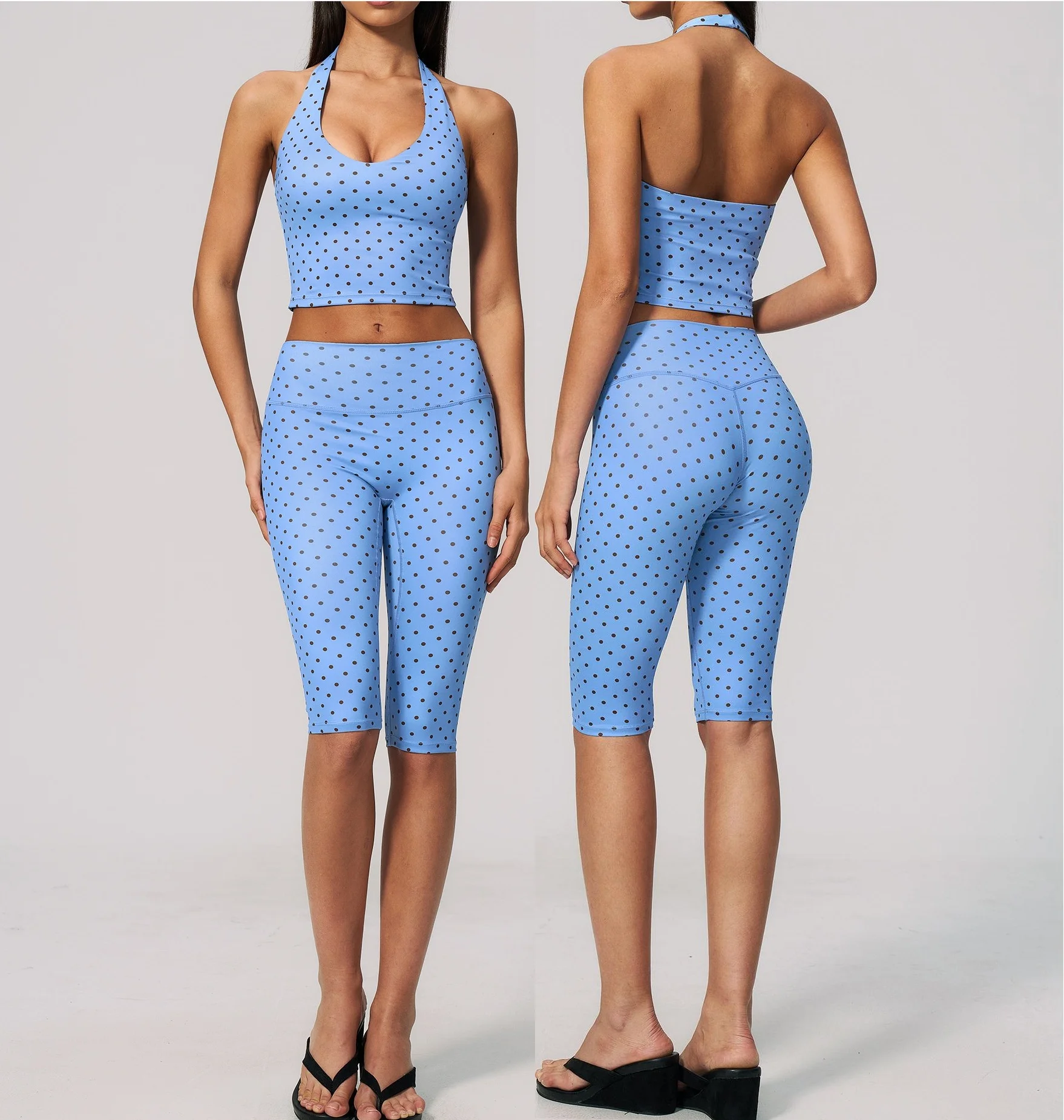 Ensemble de vêtements de yoga New Wave Point, ensemble de sport imprimé à col en V profond et haute élasticité, ensemble de sport d'été avec veste et pantalon mi-long