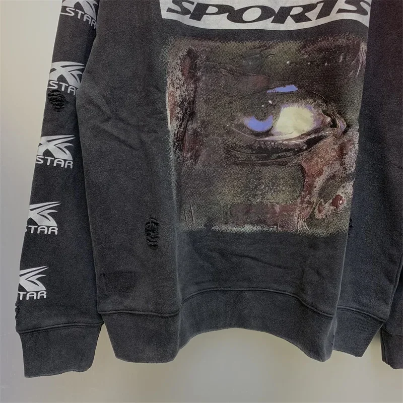 24ss Pure Cotton Washed Hole Sweatshirt Women Black Hoodies Oversized Men Clothing