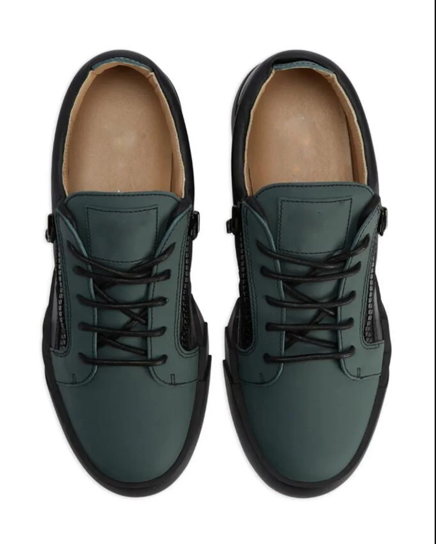 Green Leather Low Top Cut Zip Up Sneakers Side Zipper Lace Up Board Shoes Men Daily Casual Shoes Hombre Chaussure