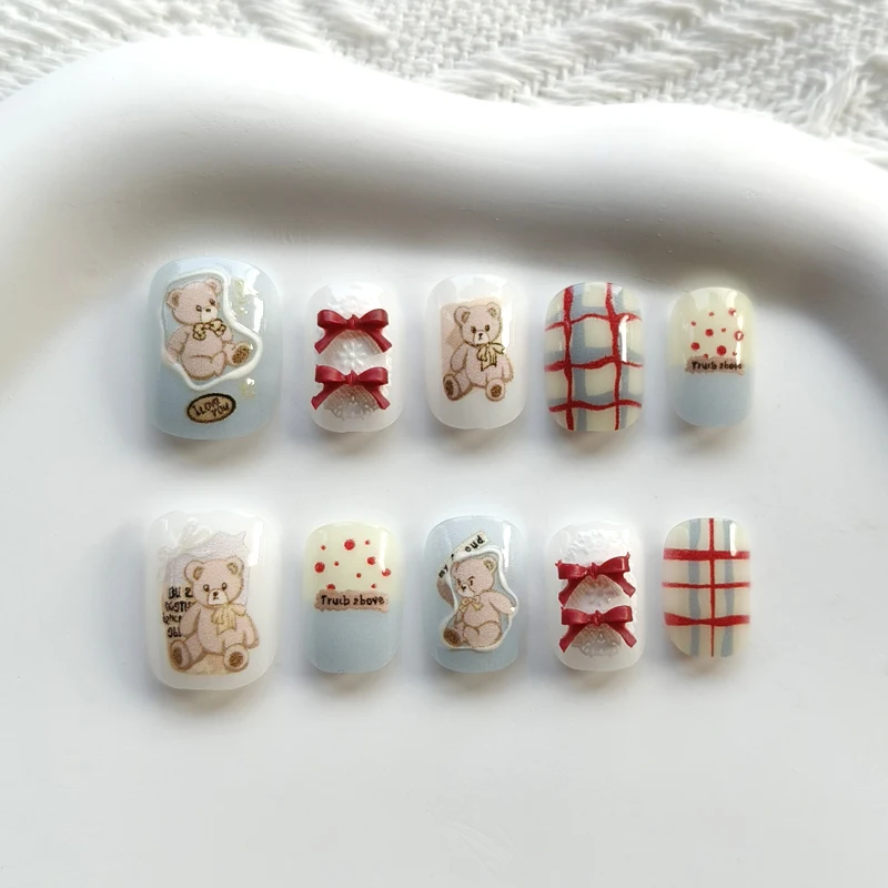 10 Uñas Postizas de Estilo Coreano con Lindos Ositos y Lazos 3D, Semimanuales, Tendencia INS, Adorables Parches de Uñas con Diseño a Cuadros Azules