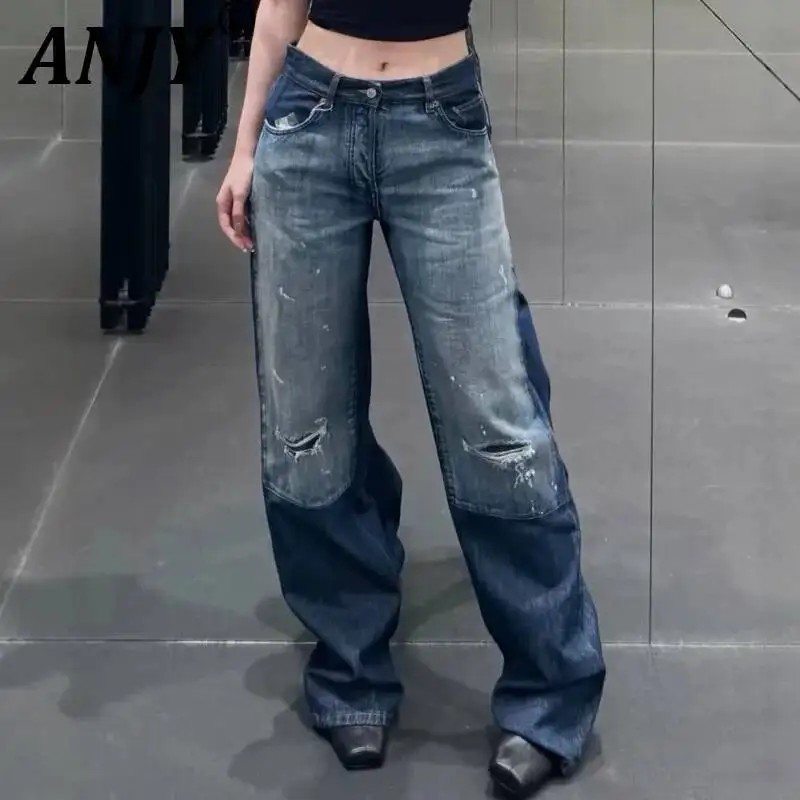 ANJY Spring Autumn New Women's Washed Ripped Loose Patchwork Contrast Color Jeans Distressed Vintage Straight Denim Pants A26167