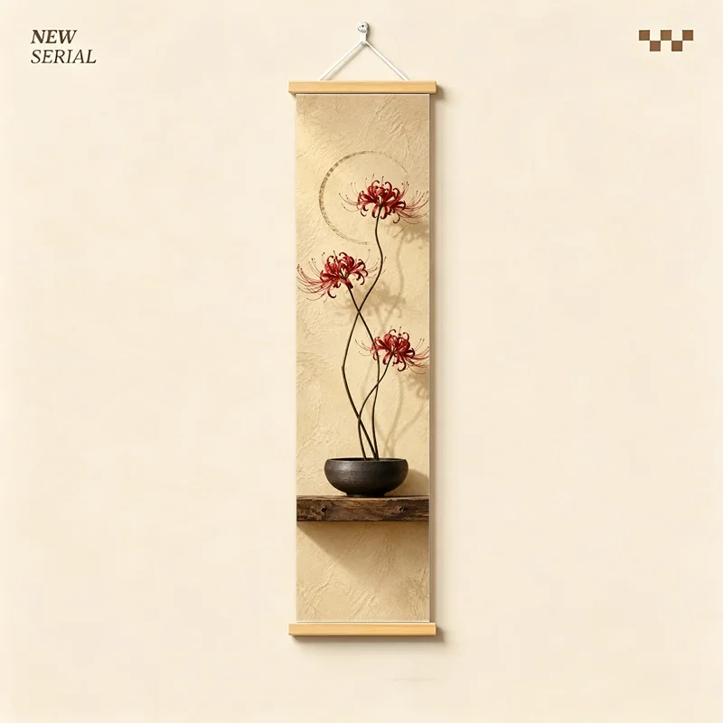 Wall Art Red Spider Lily and Cosmos, Serene Wabi-Sabi Botanical Silver Shimmer Canvas Hanging Scroll for Yoga Studio Decor