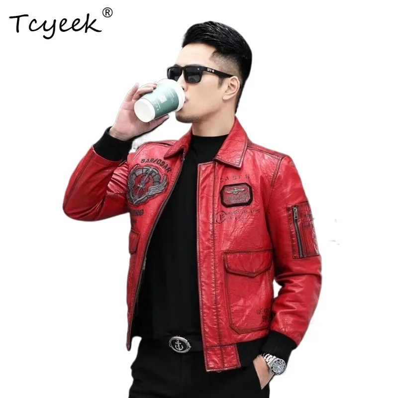 Tcyeek Top Layer Sheepskin Jackets Genuine Leather Jacket Men High-end Embroidered Leather Coats Motorcycle Jacket 2026 Jaquetas