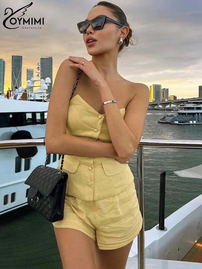 Oymimi Fashion Yellow Cotton 2 Piece Sets Women Outfit Elegant V-Neck Single Breasted Sleeveless Shirts And Simple Shorts Sets