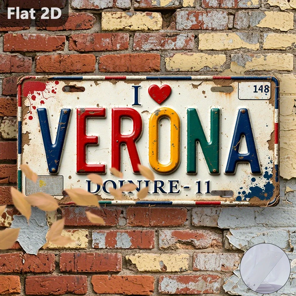 Decorazione da Parete in Metallo Alluminio Stile Targa 2D Vintage 'I Love Verona Italy' a Forma di Cuore per Tema Viaggi Europei