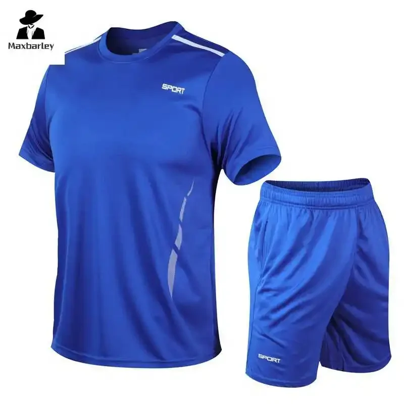 Summer Sports suit Men's Fitness Jogging Silk Ice Mesh Breathable T-shirt +Sports Shorts 2-piece Casual Basketball Training suit