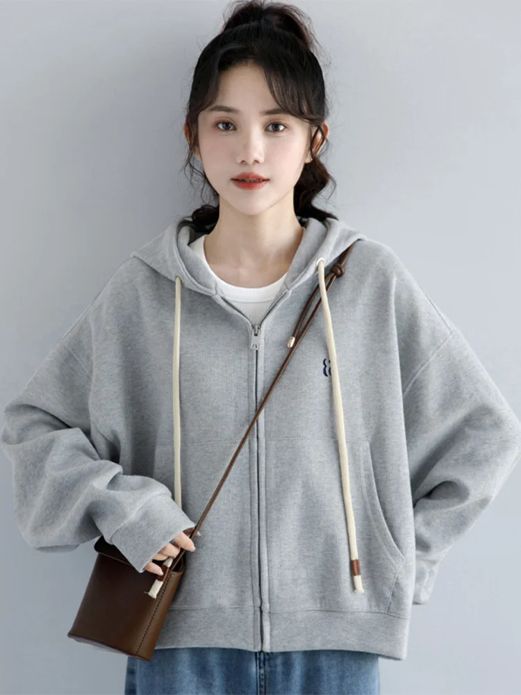 

Casual Sle ort Zipper Hoodie Jaet Women's Loose Fit ey Sweatirt Outerwear Breathable Polyester Cotton Blend