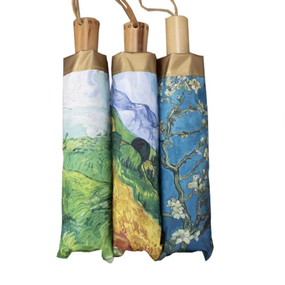 Van Gogh Oil Painting Automatic Umbrella Small Fresh Vinyl Umbrella Oil Wind Resistant Sun Folding Painting Automatic Windproof