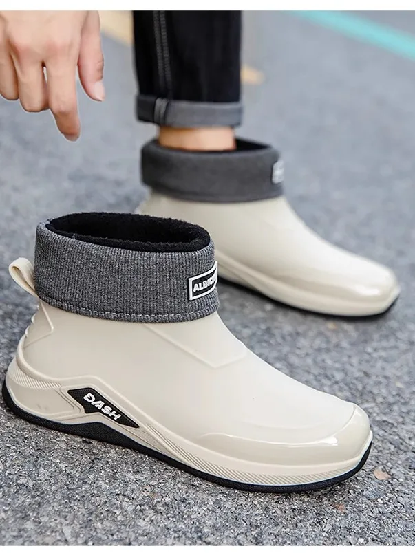 Fashionable Men's Short Cuffed Fleece Lined Rain Boots Soft Bottom Comfortable Warm Winter Anti-slip Durable Easy to Wear off