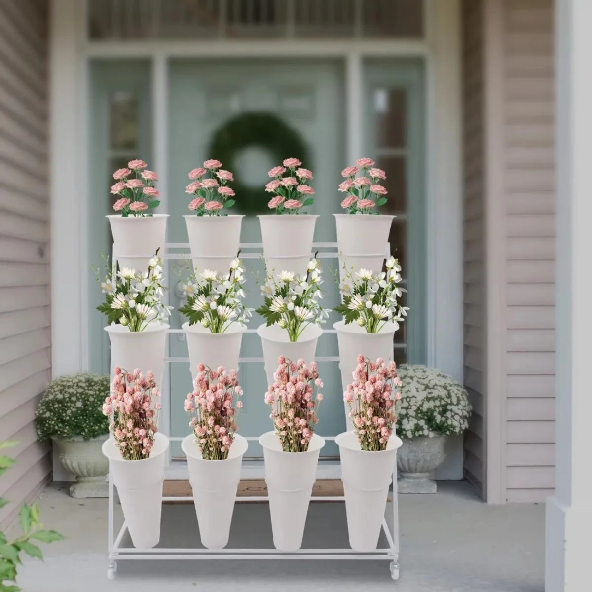 BYMAOCAR 3-Tier Metal Flower Display Stand, Indoor & Outdoor Plant Shelf with 12 Buckets, US Version