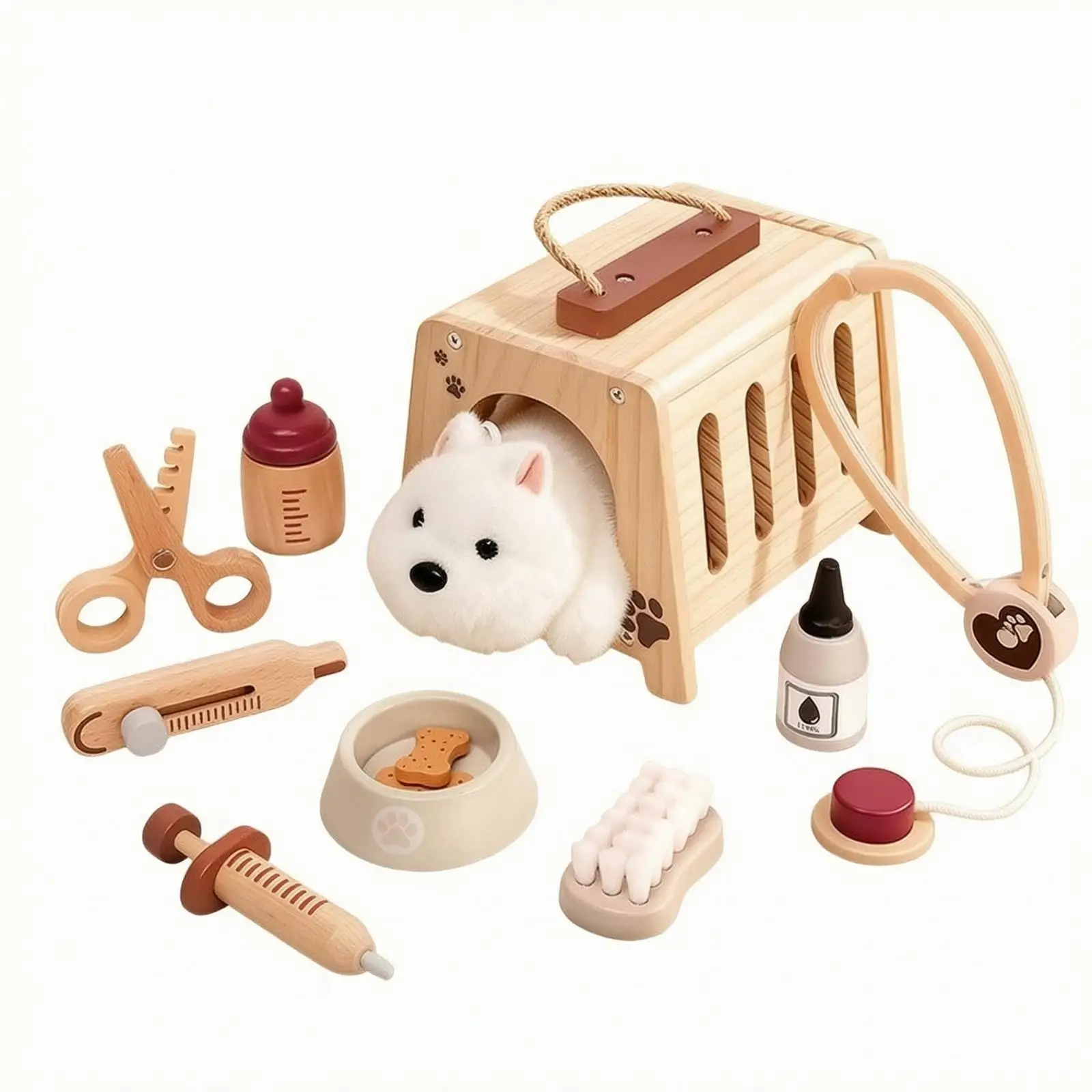 Children Wooden Pet Clinic Playset with Carrying Crate and Comb for Imaginative Learning