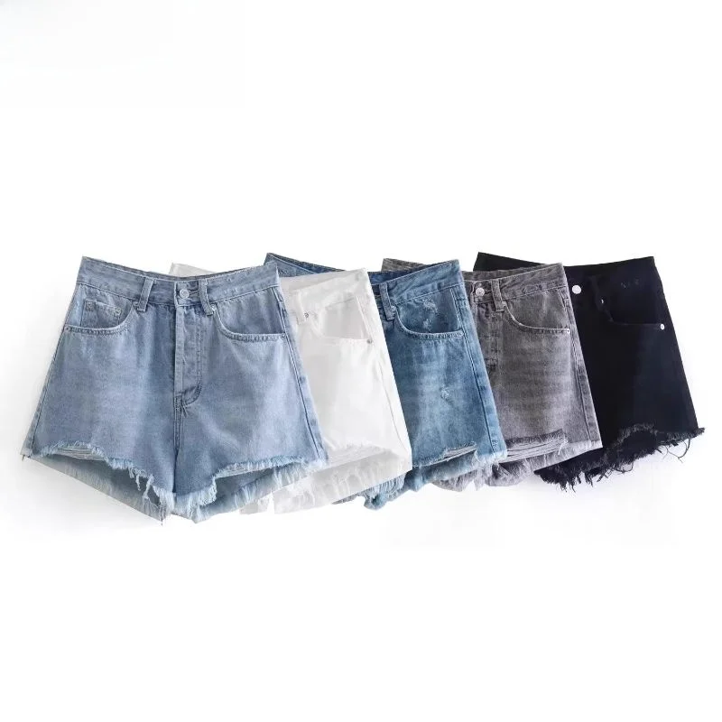 Jeans met hoge taille en wijde pijpen, katoenen denim, rechte broek, zomer, nieuwe collectie, faion gescheurde decoratie-jeans voor dames