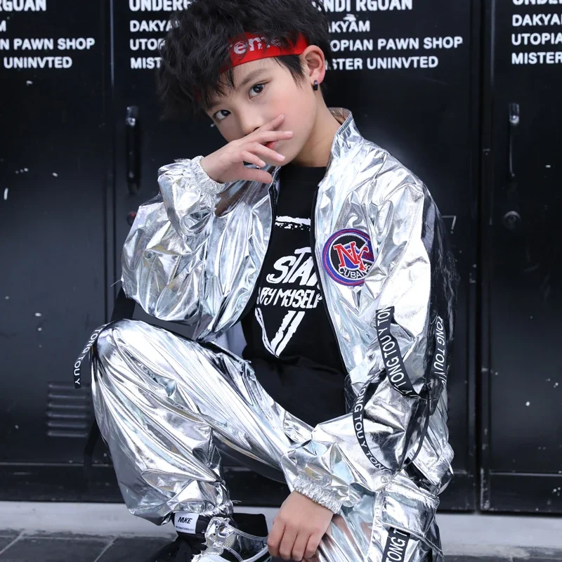 Boys Hip Hop Sliver Jacket Girls Jazz Joggers Pants Clothes Set Kids Sequins Street Dance Costumes Teen Shining Child Streetwear