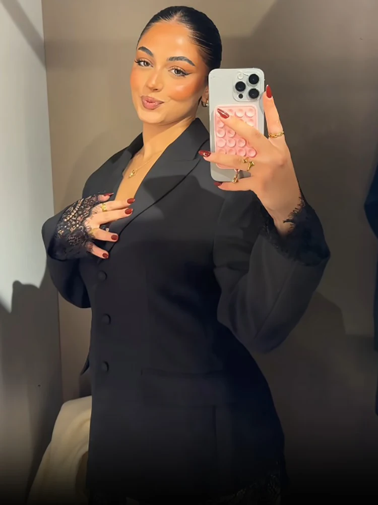 Chic Black Lace Splice Black Suit Jacket Women Lapel Collar Single Button Slim Fit Blazer Elegant Office Street Daily Outerwear