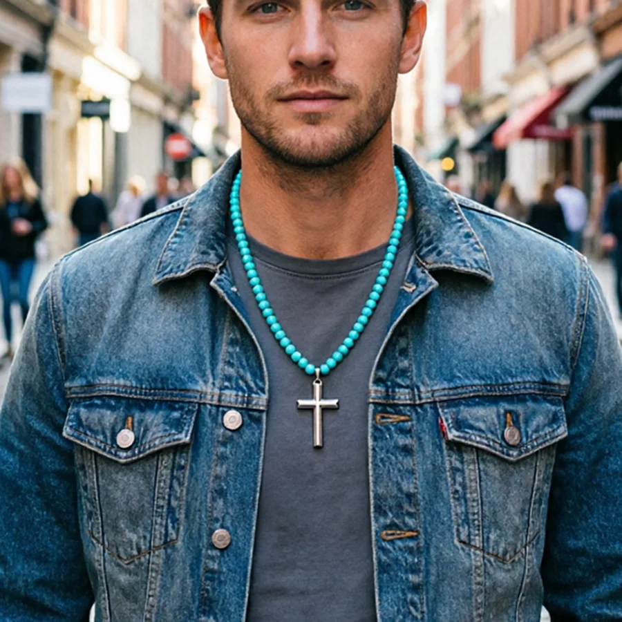 Stylish Natural 6mm Stone Beads Cross Neckalce Men Howlite Black Matte Energy Bead 64cm Collar Jewelry Homme Healing Neck Joias