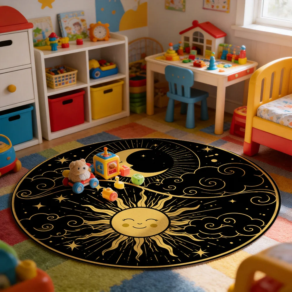 Celestial Sun and Moon Galaxy Round Area Rug Boho Nursery Kids Room Decor Astrology Zodiac Pattern