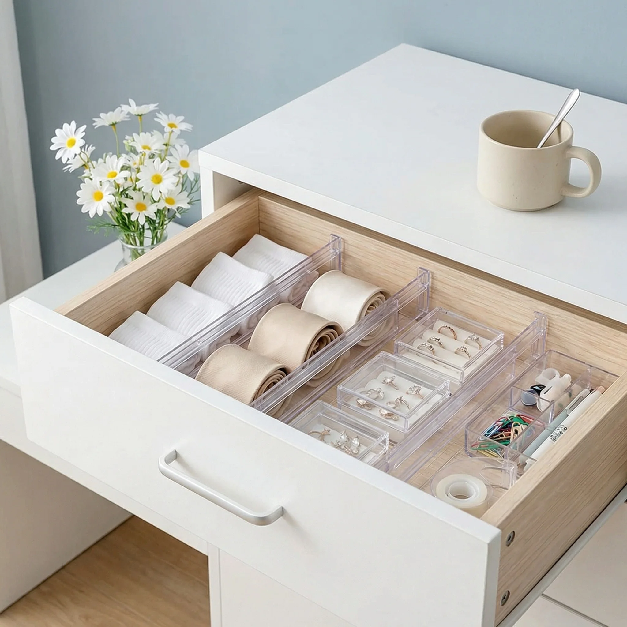 6-8-10Pack Clear Expandable Flat Divider for Cabinet Drawer, Freely Stretch Storage Board for Closet Interior Expansion